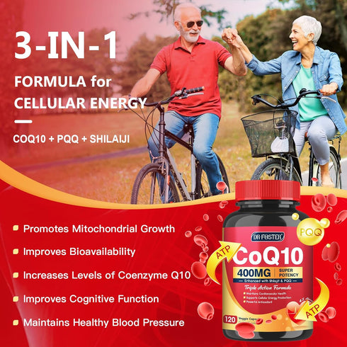 CoQ10 400mg - High Absorption Coenzyme Q10 Supplements with PQQ, Shilajit & Vitamin E, 120 Veggie Capsules