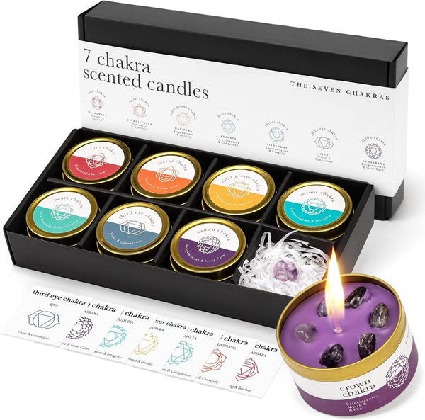 Chakra Candle Box Set of 7 with Crystals Inside | for Aromatherapy,