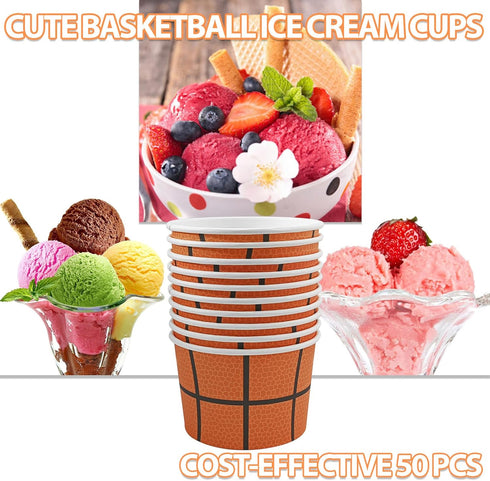 50 Pcs Basketball Paper Ice Cream Cups, 9 OZ Orange Basketball Party Supplies for Snacks, Dessert, Soup, Yogurt