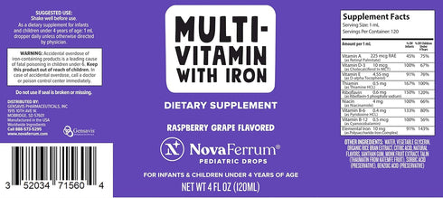 NovaFerrum Yum Multivitamin with Iron - 120 Servings, Immune Support for Infants, Toddlers & Kids