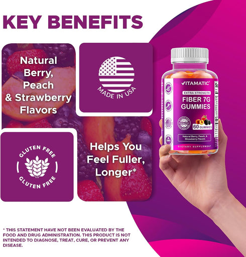 Gummies 7g 60 Count (2 Pack) Vitamatic Prebiotic Fiber for Digestive Health & Regularity, Extra Strength, Fiber per