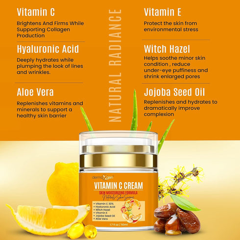Vitamin C Moisturizing Cream, Organic Anti-Aging Hydrating for Dull, Dry & Sensitive Skin - 1.7 FL OZ
