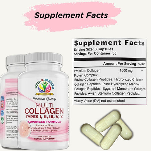 Multi Premium Collagen Supplements for Women with Vitamin C, E - Anti Aging Skin Care, 90 Capsules