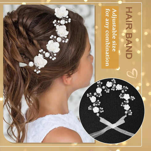 Wedding Hair Accessories for Kids, White Flower Headband Pearl Hair Dress for Girls and Flower Girls Communion