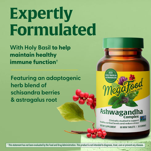 MegaFood Ashwagandha Complex, Vegetarian Cortisol Supplement with Astragalus Root & Holy Basil, 60 Mini Tablets