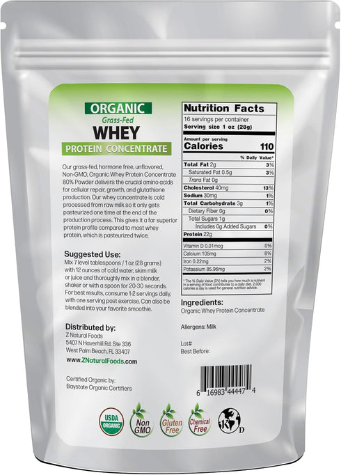Z Natural Foods Organic Grass-Fed Whey Protein Powder, Nutrient Rich, Unflavoured & Hormone Free Protein Powder, Great