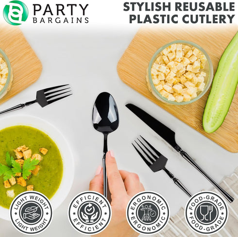 Party Bargains Disposable Plastic Black Cutlery Set, 40 Pack: 16 Forks, 8 Knives, 16 Spoons