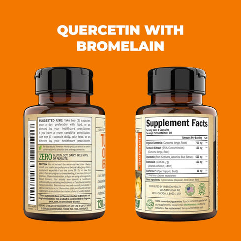 Quercetin with Bromelain & Turmeric Curcumin - 120 Caps Bromelain Supplement with Black Pepper for Immune & Joint