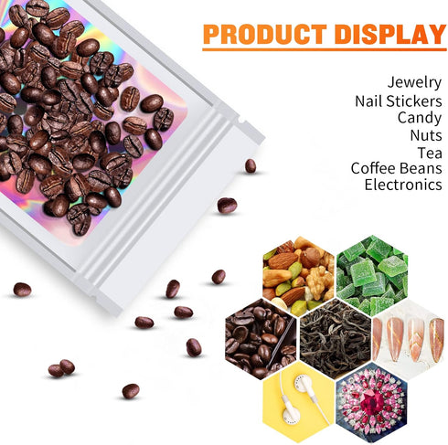 100 Pieces Resealable Mylar Bags, Small Holographic Smell Proof Packaging Bags for Food/Jewelry/Eyelash (White, 4.7x7.8