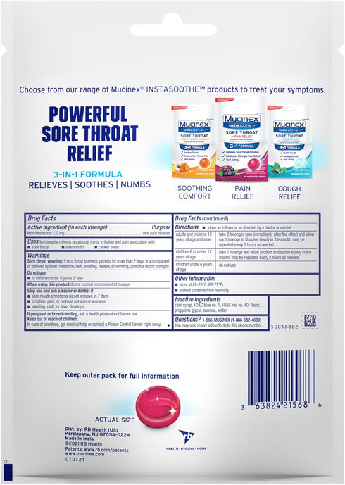 Mucinex Instasoothe Sore Throat Relief Lozenges with Hexylresorcinol, Cough Drops Alternative, 40 Elderberry & Wild