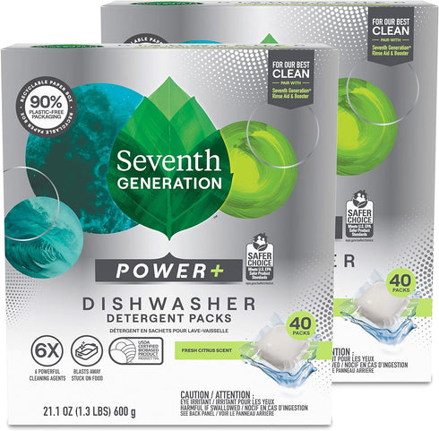 Seventh Generation Power Plus Dishwasher Detergent Packs, Fresh Citrus Scent, 40 Count, Pack of 2 for Sparkling Dishes