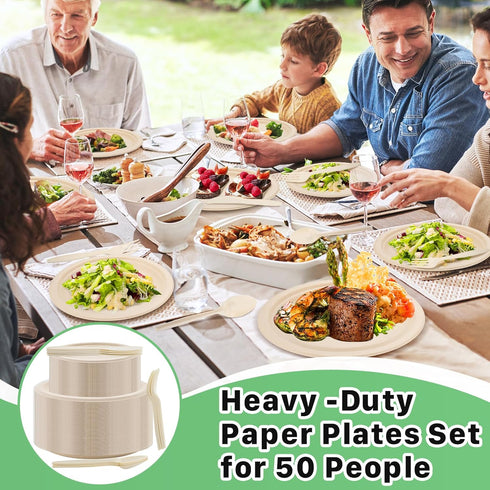 250 PCS Compostable Paper Plates Set, Sugarcane Utensils, Disposable Dinnerware Set, Eco Friendly Plates for Party