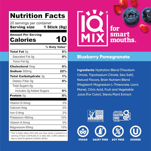 IQMIX Hydration Electrolyte Powder, 4-in-1 Formula for Hydration, Mental Clarity, Mood, Recovery – 20 Count Blueberry