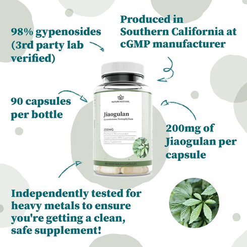 Jiaogulan Extract Supplement, 90 Vegan Capsules, Gynostemma Pentaphyllum Standardized to 98% Gypenosides, Non-GMO