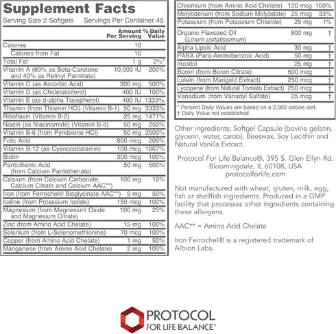 Protocol Ortho Multi - Complete Vitamins & Minerals Complex - Multivitamin with Lutein, Lycopene & Flax Seed Oil - 90