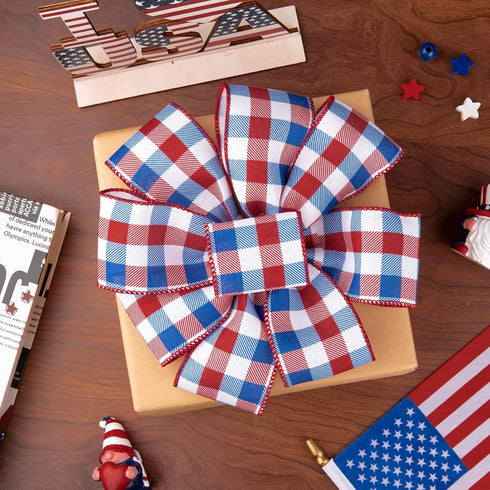Whaline 2 Rolls 4th of July Wired Edge Plaids Ribbon Red Blue Plaids 2.5 Inch for Independence Day Gift Wrapping