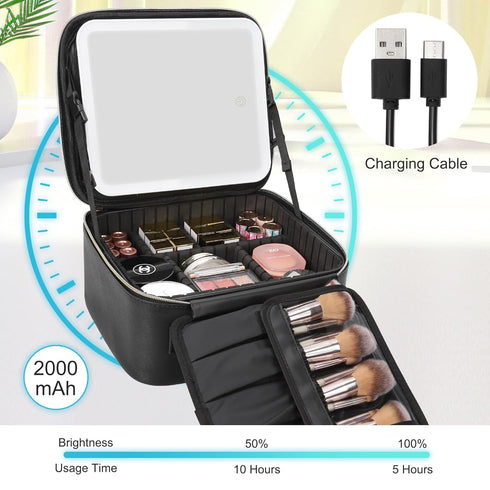 Relavel Travel Makeup Bag with LED Mirror, Cosmetic Train Case, Portable Makeup Artist Organizer with Adjustable