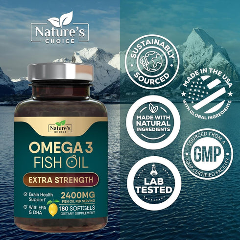 Triple Strength Omega 3 Fish Oil 2400 mg Supplement, Nature's Omega-3 for Brain & Heart Health - 180 Softgels