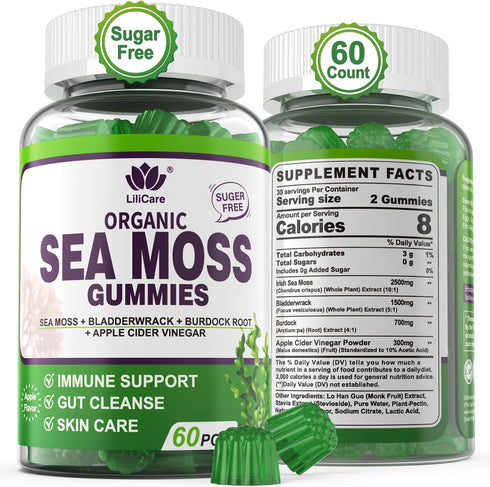 Sea Moss Gummies, Irish Sea Moss Supplement for Adults & Kids, Vegan with Organic Bladderwrack & Burdock Root