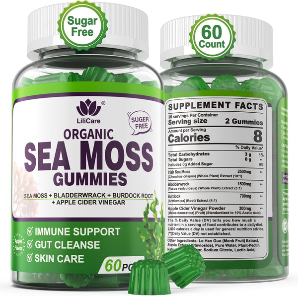 Sea Moss Gummies, Irish Sea Moss Supplement for Adults & Kids, Vegan with Organic Bladderwrack & Burdock Root