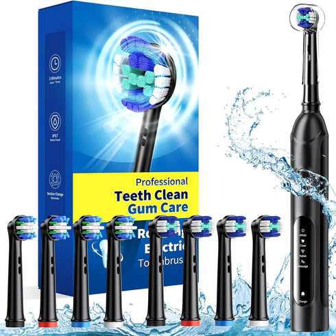 Rotating Electric Toothbrush for Adults with 8 Brush Heads, 4 Modes Deep Clean with Rechargeable Power (Black)