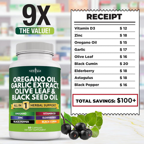 NEW AGE Oregano Oil 6000mg, Garlic Extract 4000mg, Olive Leaf 3000mg with Astragalus - Immune Support Supplement