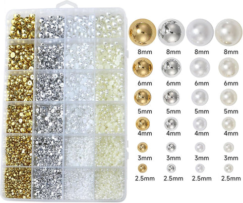Pearls for Crafting 8000 Pcs Flat Back Nail Pearls 6 Color Half Round Flatback Pearl Beads for Embellishment Face Shoes Small Pearls for DIY Jewelry Phone Nail Charms Making Gold Silver White