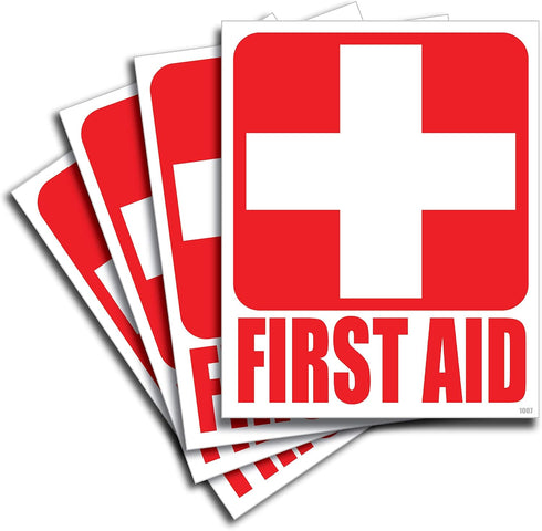 (4) First Aid Kit Sticker Sign Self Adhesive Decal 5"x4" for Business, Car or Office Emergency First Aid Kit
