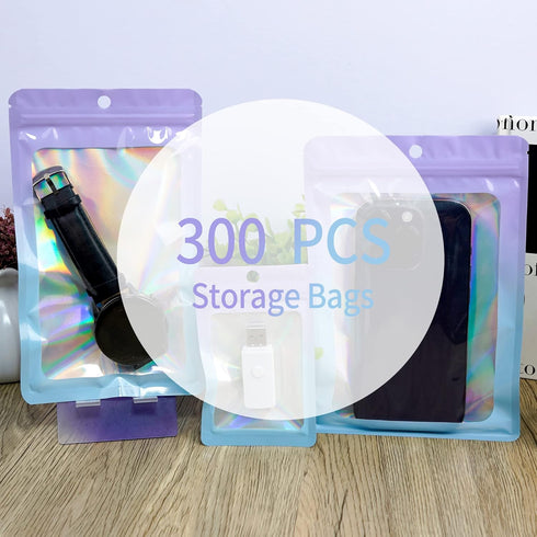 300 Pack Resealable Mylar Holographic Bags, Smell Proof Food Storage Pouches with Front Window, Pink to Blue