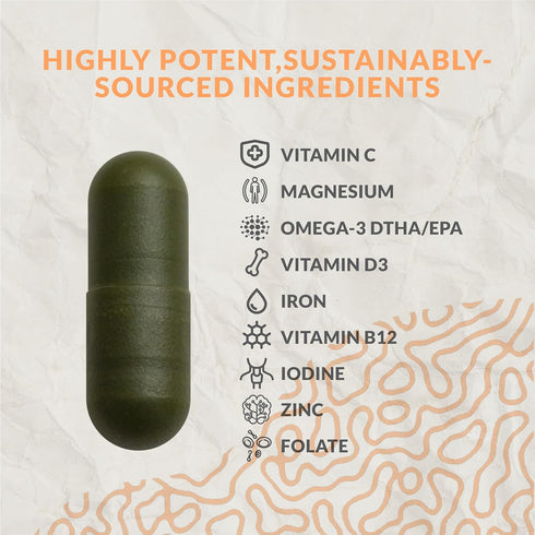 Complete Vegan Multivitamin with Iron, Omega 3, Vitamin D3, Folate, Zinc, Vitamin B12, 30 Day Supply