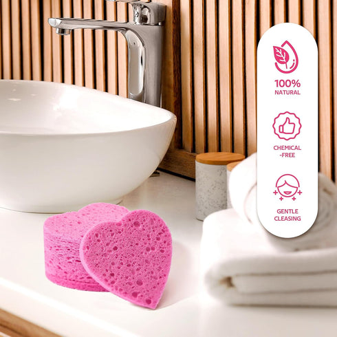 50-Count Heart Shape Compressed Facial Sponges for Daily Cleansing & Exfoliating, Natural Cosmetic Sponges