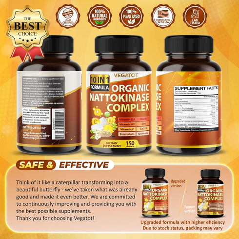 VEGATOT Organic Nattokinase Complex 7,500mg - 10IN1 Formula with Vitamin D3, Niacin, K2, Zinc, CoQ10, 150 Count