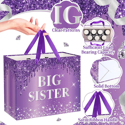 Set 11.8" Purple Big Sister Gift Bag for Girls, Glitters Drip Older Sister Gift Bag with Greeting Card and Tissue Paper