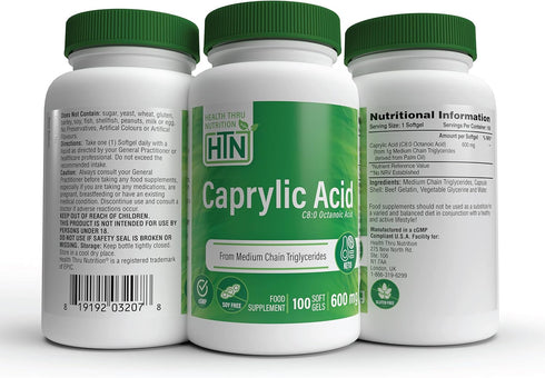 Health Thru Nutrition Caprylic Acid, 600mg, 100 Softgels, C8 Octanoic Acid from Pure 1g MCT Oil, Keto Friendly
