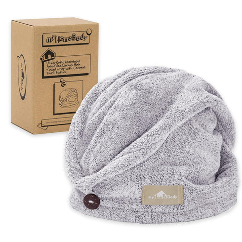 myHomeBody Hair Towel Wrap, Luxury Quick Drying Turban, Ultra Soft Charcoal Fiber Cap (Gray)