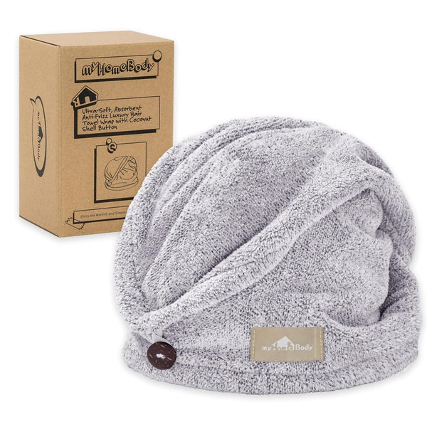 myHomeBody Hair Towel Wrap, Luxury Quick Drying Turban, Ultra Soft Charcoal Fiber Cap (Gray)
