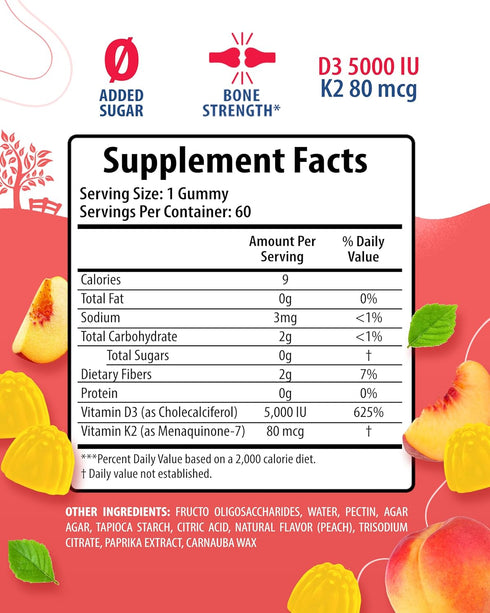 Vitamin D3 K2 Gummies 5000 IU - Immune & Bone Support - Sugar-Free Vitamin D Gummy Supplement - High-Absorption, Vegan, Gluten-Free Gummies for Adults
