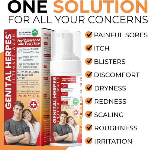 Terramed Just Think Comfort Genital Herpes Intimate Wash | Fast Acting HerpCare | Medicated | Soothes Itching, Tingling