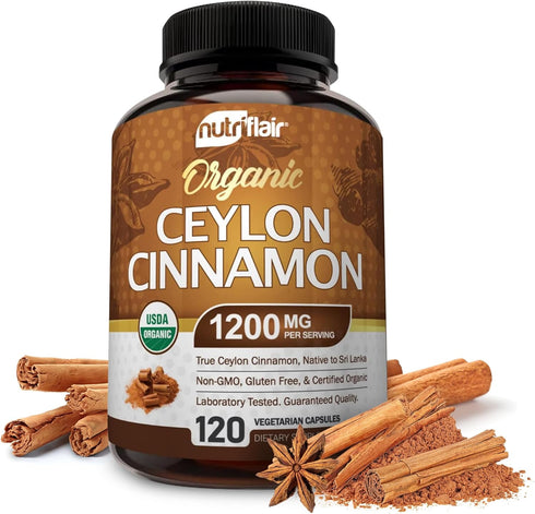 NutriFlair Organic Ceylon Cinnamon Supplement, 1200mg, 120 Capsules, Non-GMO, Gluten Free, Antioxidant