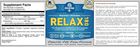 BioTree Labs Relax 180 - Pack of 120, Magnesium & Potassium Supplement with Electrolytes, Supports Muscle Pain