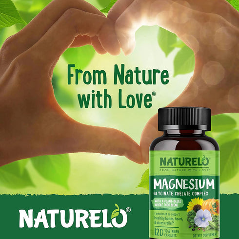 NATURELO Magnesium Glycinate Chelate Complex, 200 mg with Organic Vegetables for Sleep and Stress Relief