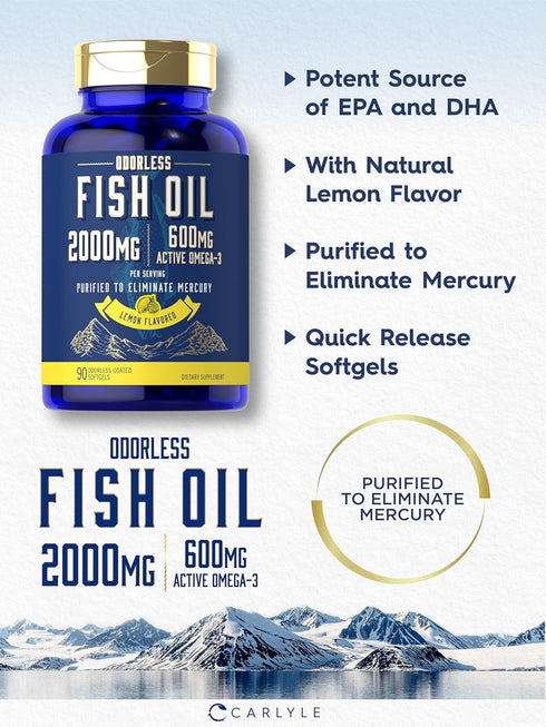 Carlyle Fish Oil 2000mg - 600mg Omega 3 with EPA & DHA, 90 Odorless Softgels, Lemon Flavored Supplement, Non-GMO &