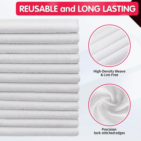 Pack 100, 11.5"X11.5" FIXSMITH White Microfiber Cleaning Cloth, of Cleaning Rags for Housekeeping and Kitchen, Reusable