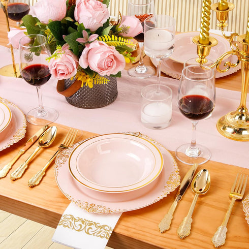 Nervure 50 Pack Pink Plastic Bowls with Gold Rim, 12oz Disposable Soup Bowls for Weddings, Parties, Everyday Use