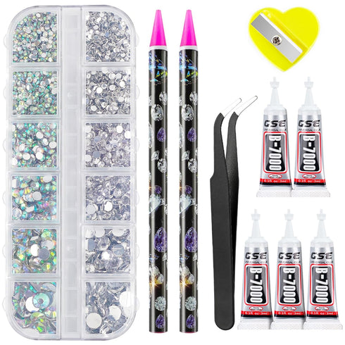 Rhinestones 1500PCS in 6 Sizes, Flat Back Nail Gems with Tweezers and Dotting Pen for Nails, Makeup, Crafting
