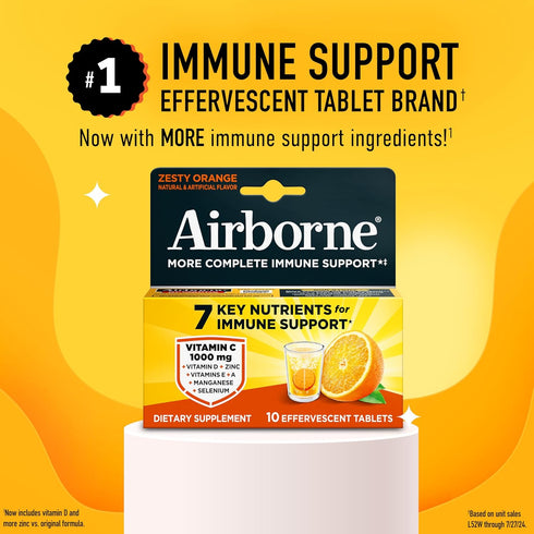 Immune 10ct 1000mg Airborne Support Effervescent Tablets, Zesty Orange Flavor - with Vitamin C + Vitamins A, D, E