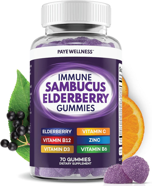 Sambucus Elderberry Immune Gummies, Daily Support for Kids and Adults, with Zinc, Vitamin C, D3, B6, B12, 70 Count