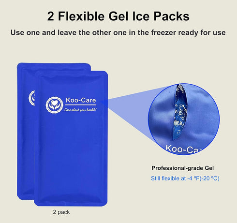 Koo-Care Gel Ice Pack for Injuries, Reusable Flexible Cold Hot Therapy Compress for Pain Relief (11x5.9 Inch, 2 Pack)