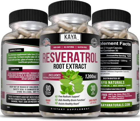 Kaya Naturals Resveratrol Capsules, Anti Aging Supplement with Antioxidants and Brain Support, 60 Veggies Capsules