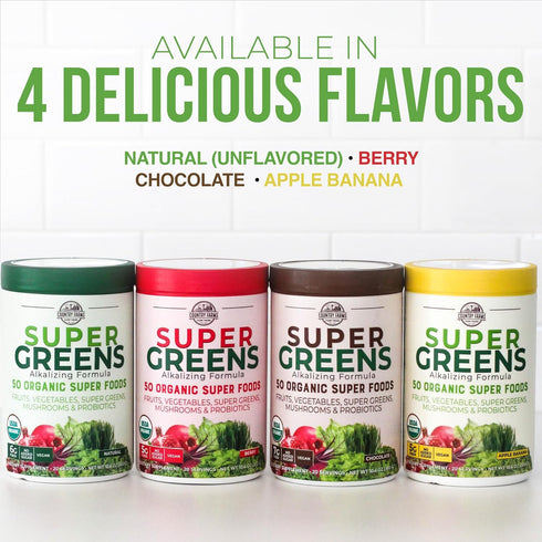 Country Farms Organic Super Greens Berry Flavor Drink Mix, 50 Organic Super Foods, 5g Fiber, USDA Organic
